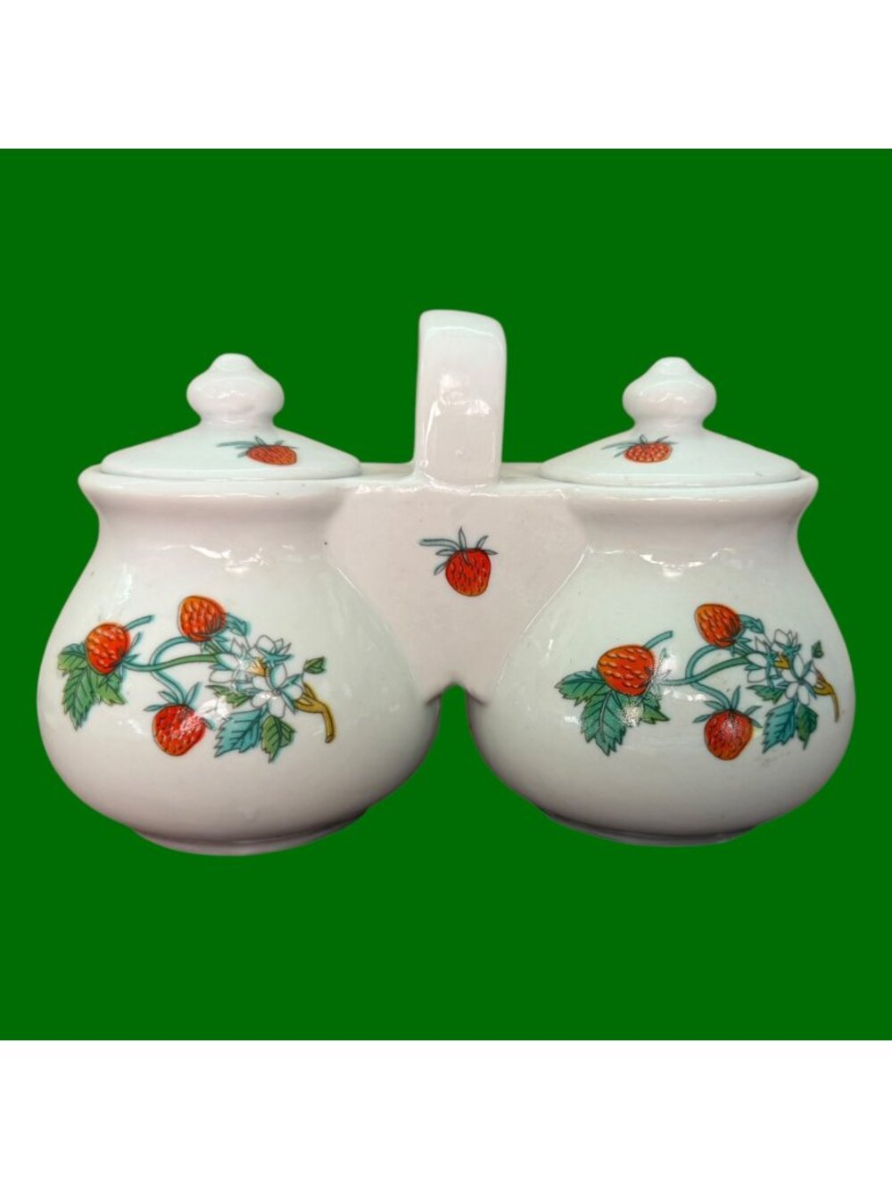 Vintage Ceramic Strawberry Double Jam Condiment Server Jar
